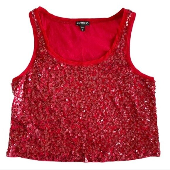 Express Ruby‎ Red Metallic Sequin Crop Tank Top Y2K Holiday All Over Sequins - Picture 1 of 5